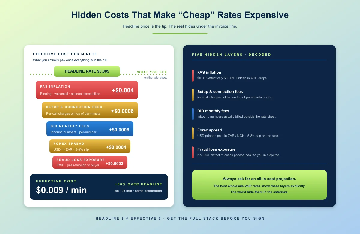 Hidden costs that make cheap VoIP rates expensive — FAS inflation, setup and connection fees, DID monthly fees, forex spread, and fraud loss exposure pile $0.005 headline into $0.009 effective
