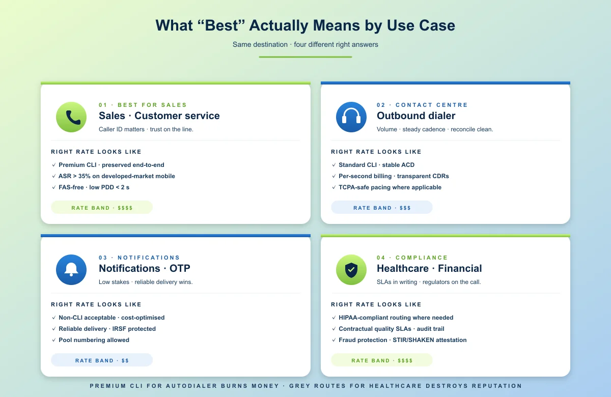 What 'best' actually means by use case — four right answers for sales/customer service, contact centre outbound, notifications and OTP, and healthcare/financial calls
