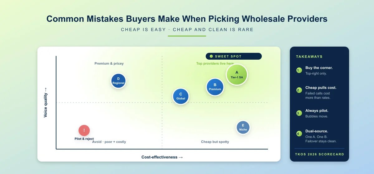 Cost vs. quality quadrant showing where the top VoIP wholesale providers sit — sweet spot is high-quality, cost-effective top-right quadrant