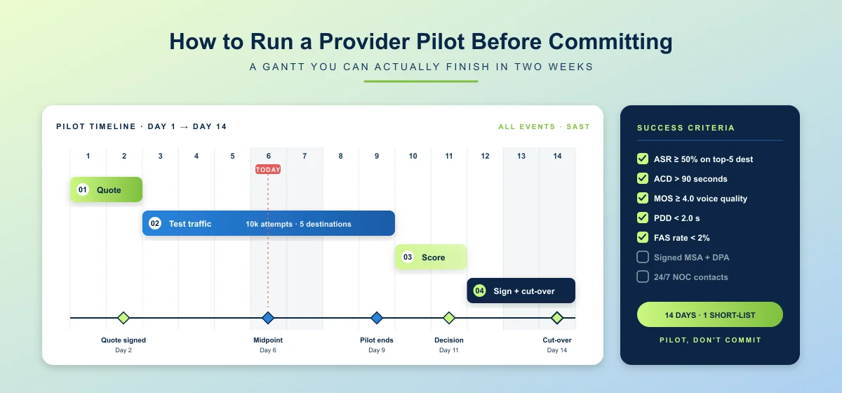 How to pilot a wholesale VoIP provider in 14 days — Gantt timeline from quote to test traffic to score to sign-and-cut-over with success criteria checklist