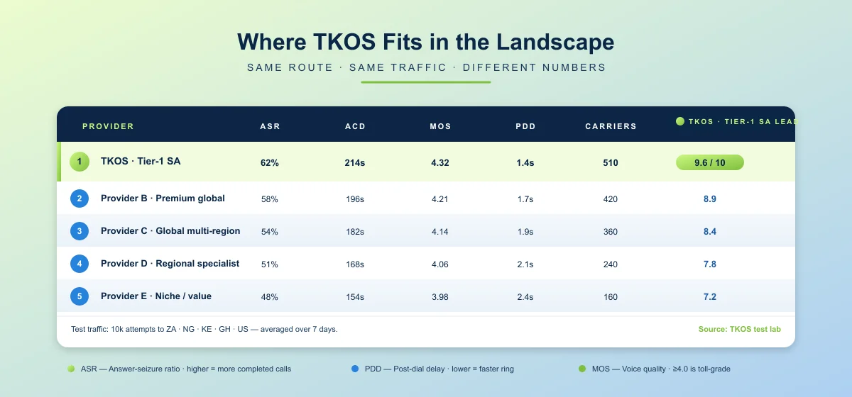 2026 Top-5 wholesale provider scorecard comparing ASR, ACD, MOS, PDD, carrier interconnects and overall score across five providers