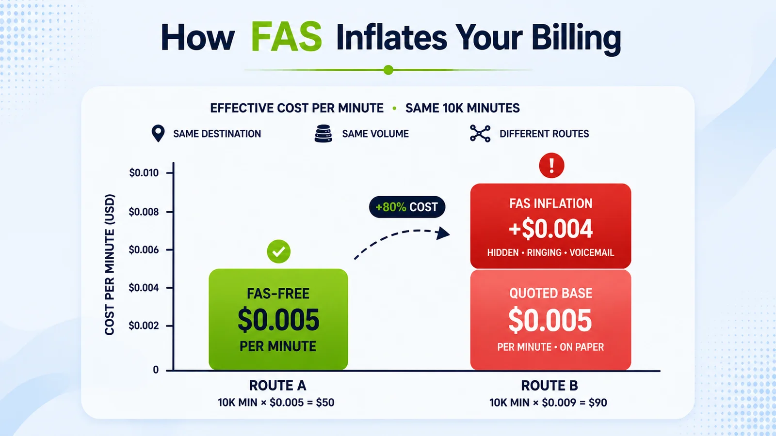 FAS billing inflation comparison — a $0.005 FAS-free route vs a $0.005 quoted base that effectively costs $0.009 once FAS is added (80% over headline)