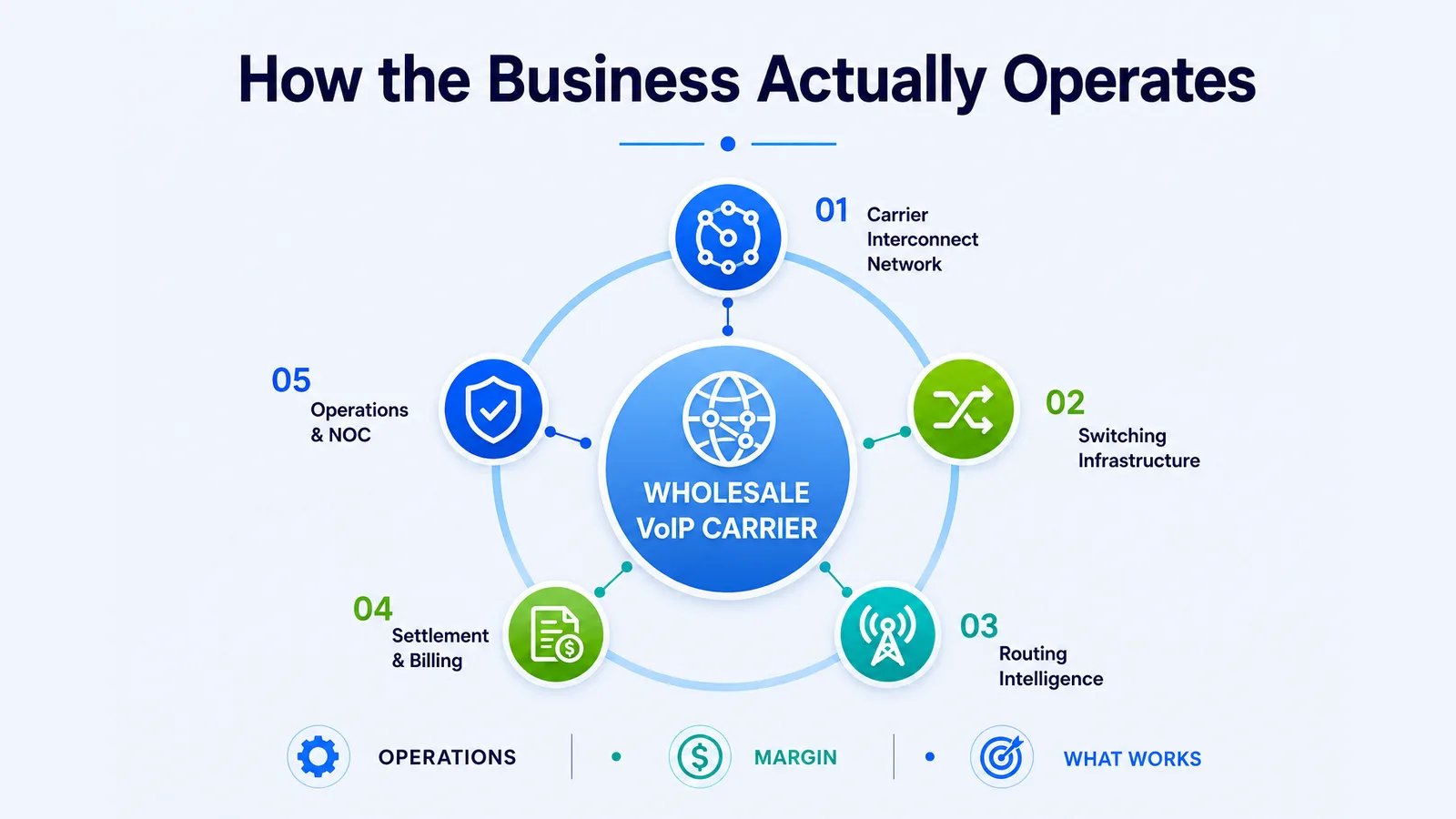 Five operational pillars of a wholesale VoIP carrier: interconnect network, switching, routing intelligence, settlement & billing, and NOC operations