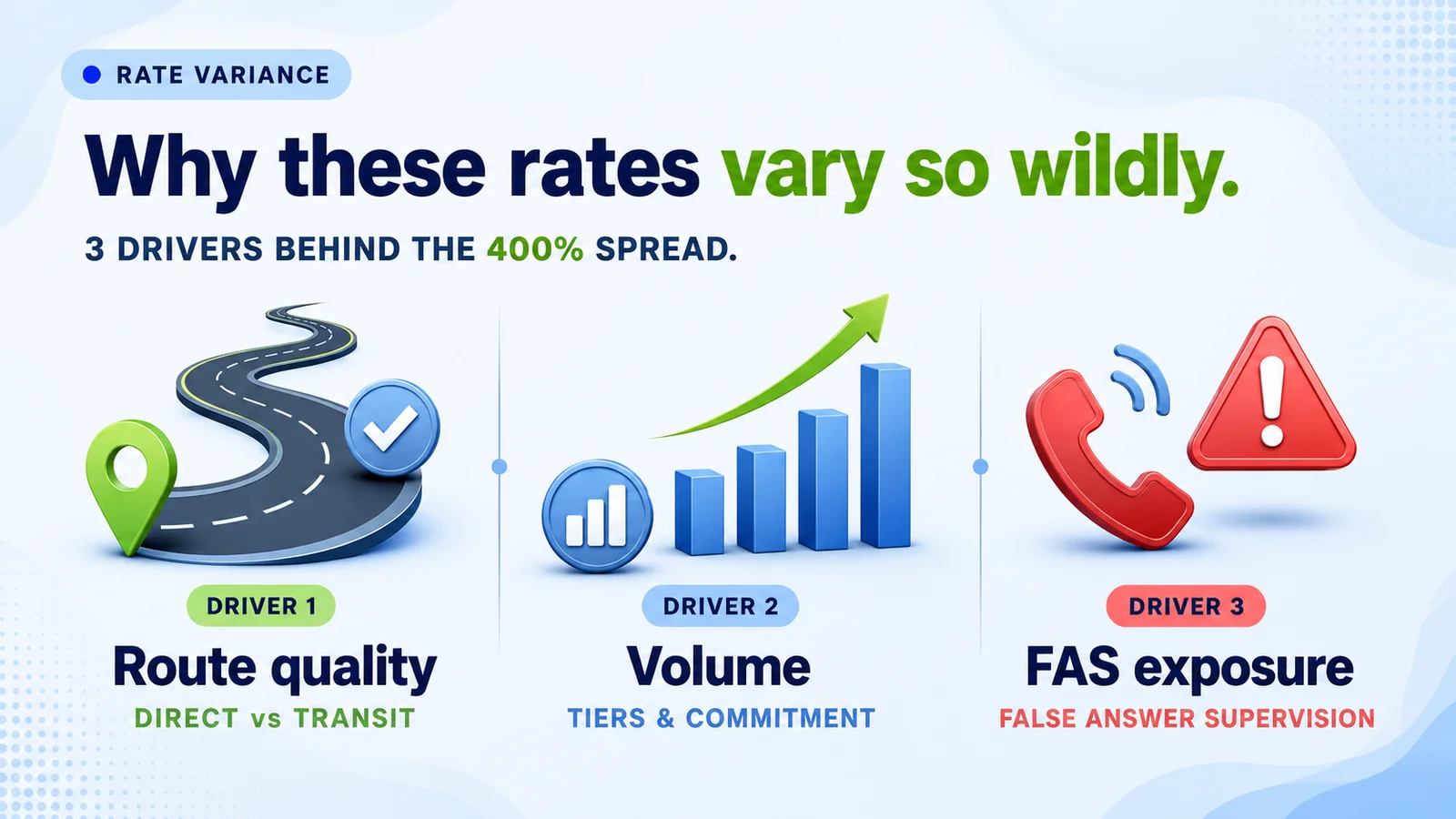Three drivers explain why wholesale VoIP rates vary 400%: route quality, volume, FAS exposure